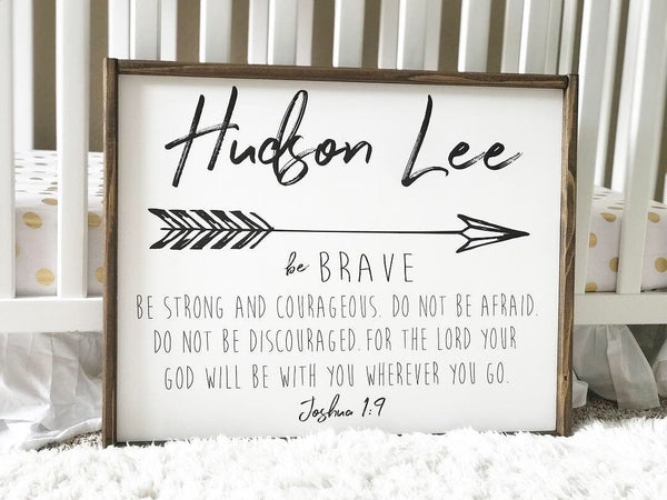 Horizontal Be Strong And high quality Courageous Joshua 1:9 Arrow Framed Wood Sign Nursery Decor