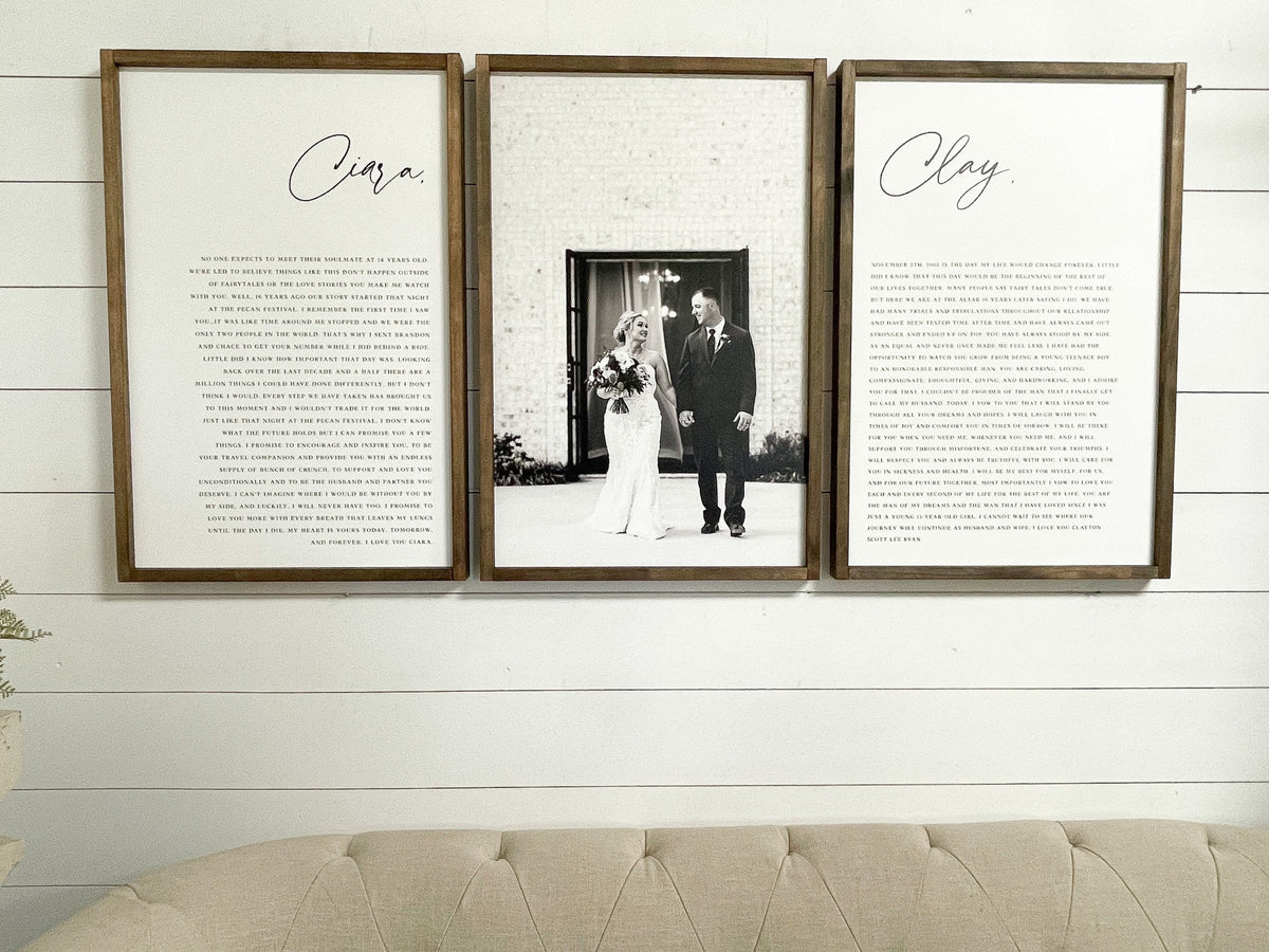 Wedding Vows Sign | His and Her Customized Vows and wedding photo Vows | Wedding Vow Print | Large Set Wood Signs | Bedroom Wall Art