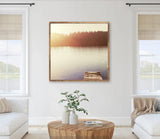 Sunset foggy lake morning photo, Lake photo, dock lake photo, Mountain lake wood framed photo