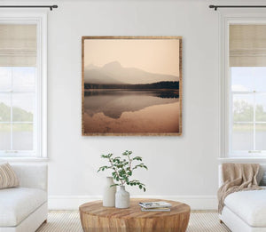 Sunset foggy lake morning photo, Lake photo, Mountains photo, Mountain lake wood framed photo