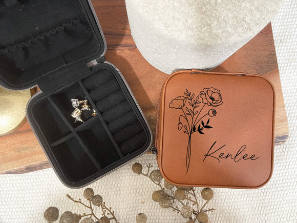 Jewelry Box Travel Case, Engraved Leather Jewelry box, Birth Flower Jewelry Travel Case, Birthday Gift, Jewelry Organizer, Month Flower Gift