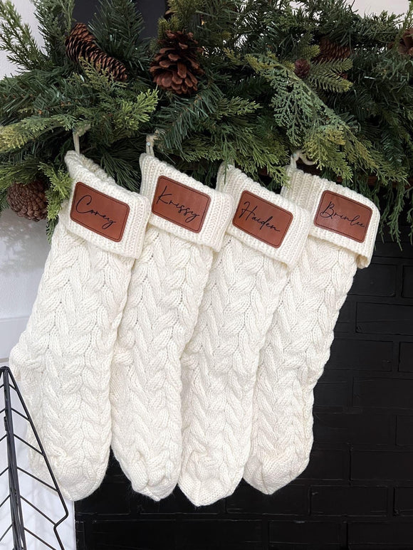 Personalized Christmas Knit Stockings | Leather Patch Name Stockings | Laser Engraved Christmas Stockings