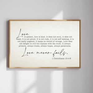 Love Never Fails Sign | 1 Corinthians 13 | Love is Patient Love is Kind Above the Bed | Modern Farmhouse Wall Decor | Wedding Rustic Sign