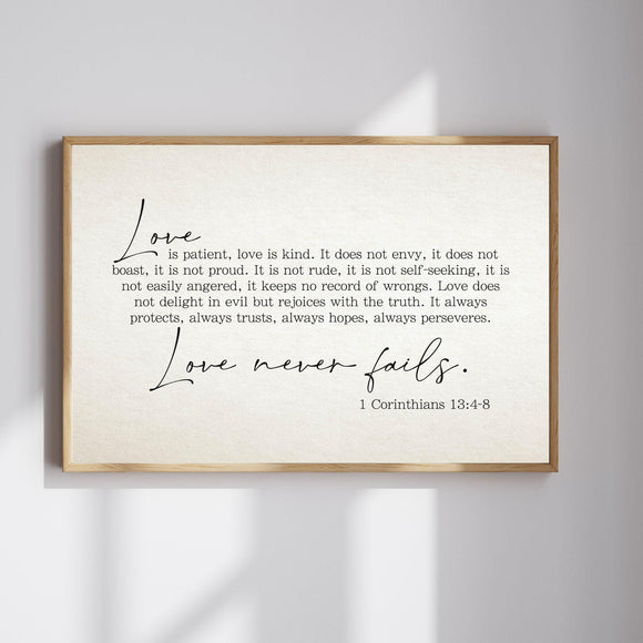 Love Never Fails Sign | 1 Corinthians 13 | Love is Patient Love is Kind Above the Bed | Modern Farmhouse Wall Decor | Wedding Rustic Sign