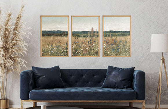 Wildflower Field Set of 3 Prints | Vintage Wall Art | Landscape Painting | Wildflower Field Wall Art | Botanical Wildflower Art