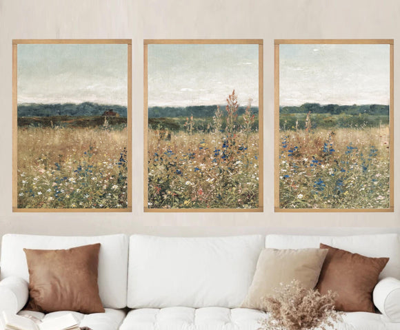 Wildflower Field Set of 3 Prints | Vintage Wall Art | Landscape Painting | Wildflower Field Wall Art | Botanical Wildflower Art Painting