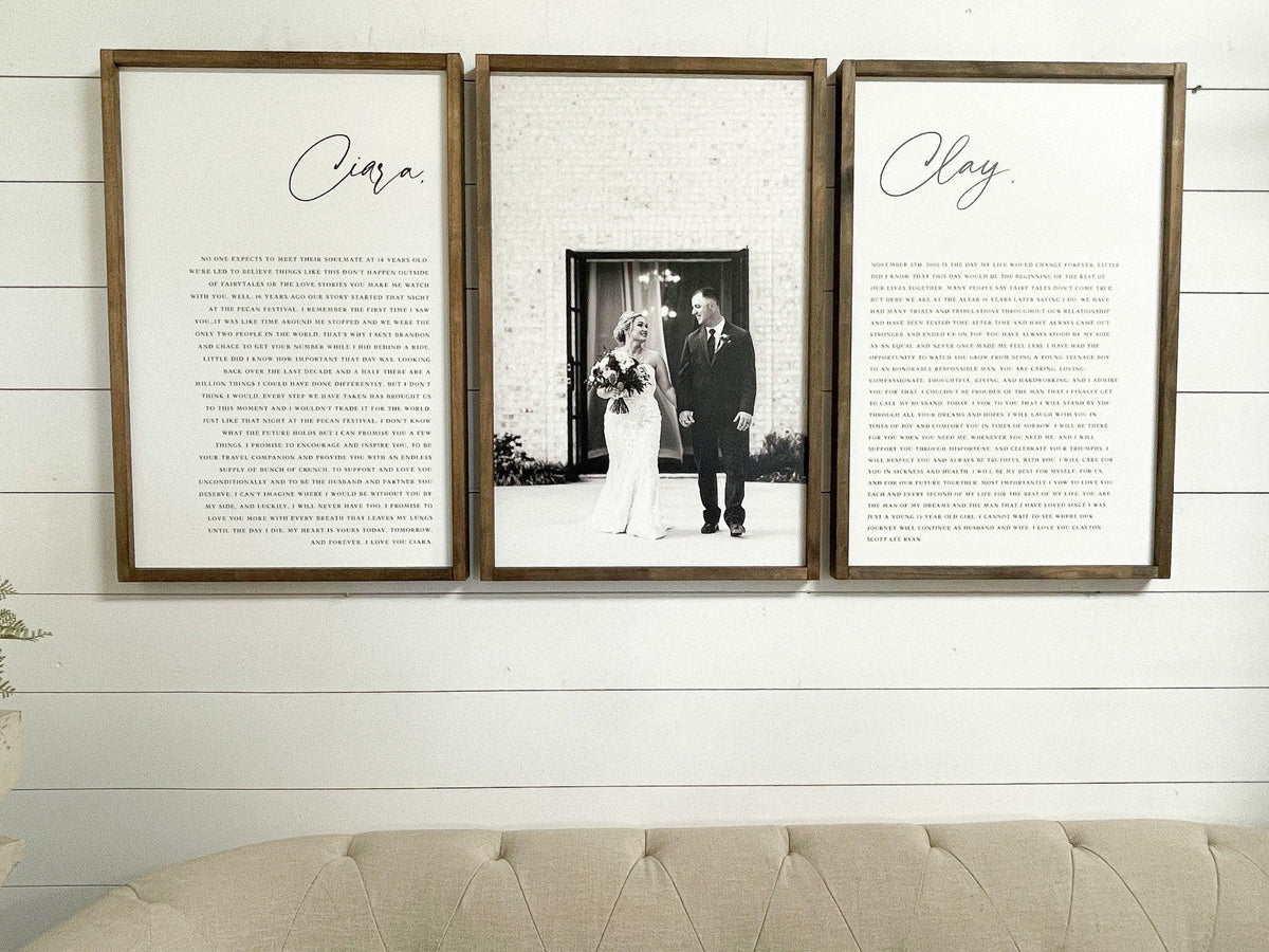 Personalized His & Hers Wedding Vows Prints with Photo (Set of 3), Custom Wedding Anniversary Gift for Couple, Framed Vows Wall Art