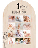 Personalized first birthday photo board with 12 baby milestone pictures and custom name ‘Eleanor’ – one year old birthday party decor.