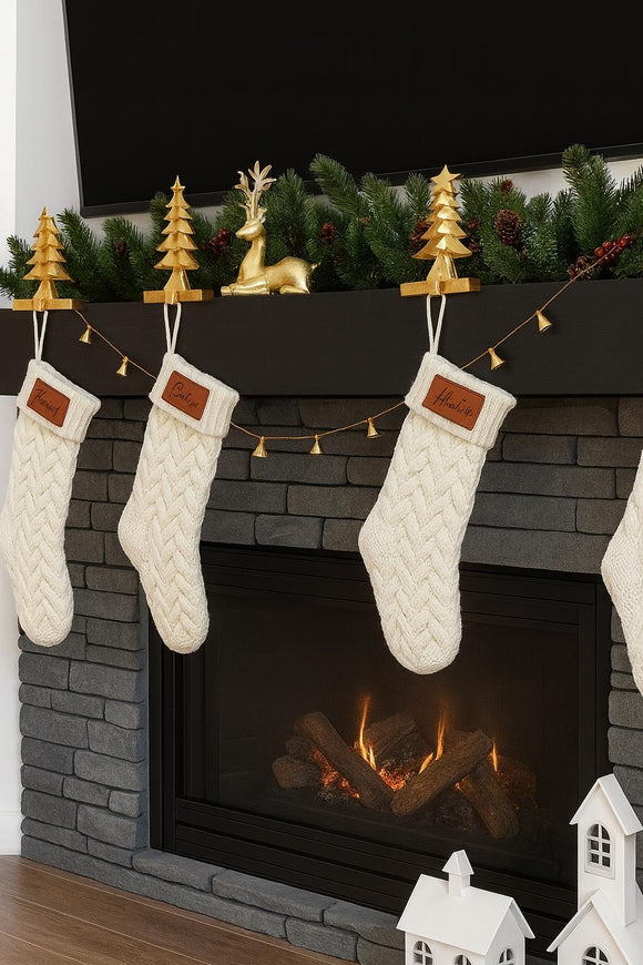 Personalized Christmas Stockings with Leather Patch | Custom Name Knit Stocking | Engraved Holiday Stockings for Family, Kids, Pets, Mantel