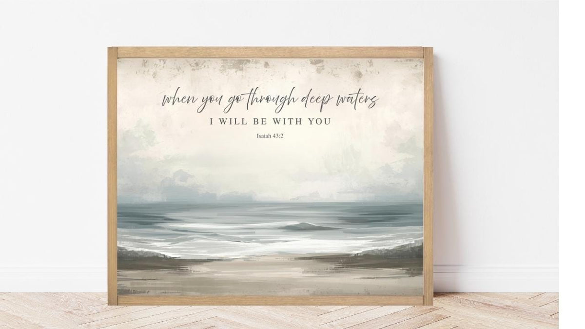 Christian Wall Art | Isaiah 43:2 Bible Verse Sign | Scripture Ocean Print | Faith Home Décor | Framed Wood Sign