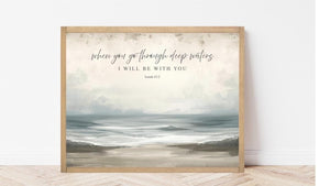 Christian Wall Art | Isaiah 43:2 Bible Verse Sign | Scripture Ocean Print | Faith Home Décor | Framed Wood Sign