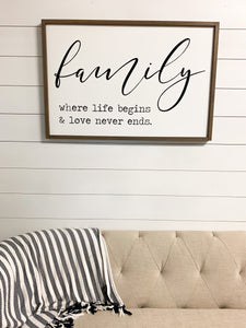 Family Sign | Family Where life begins and love never ends Sign | Family signs | Family Wall Decor | Family Room Decor | Farmstyle Wood Sign