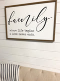 Family Sign | Family Where life begins and love never ends Sign | Family signs | Family Wall Decor | Family Room Decor | Farmstyle Wood Sign