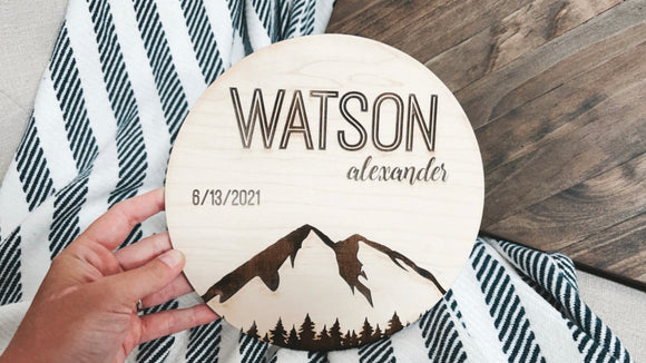 Birth Announcement Sign | Engraved Wooden Name Sign | Name Announcement Plaque | Wooden Nursery Decor | Newborn Photo Prop | Mountains Tree
