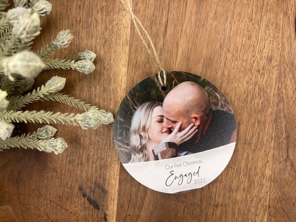 Christmas engaged ornament | Our first Christmas engaged | Wood Personalized Photo Christmas Ornament | Round photo ornament |Photo on Wood