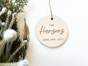 Personalized Couple Christmas Ornament, Engagement Ornament, Married Ornament, Save The Dates, Custom Christmas Ornament, Engraved Ornament