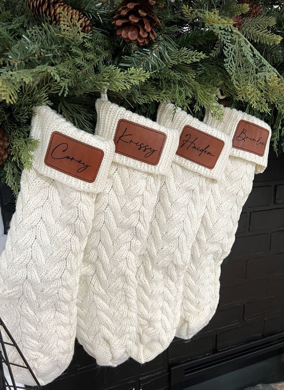 Personalized Christmas Stockings | Leather Patch Name Stockings | Laser Engraved Christmas Stockings